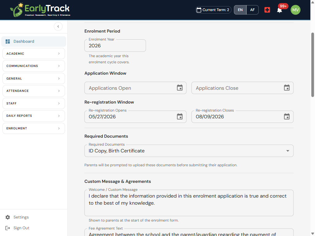EarlyTrack enrolment settings configuring the enrolment year, required documents, and form sections