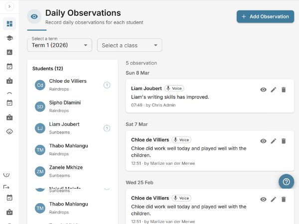 EarlyTrack AI observation comment generation showing Generate Comment button and AI-written observation text in English