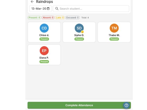EarlyTrack daily attendance register showing class list with present, absent, and late status toggles