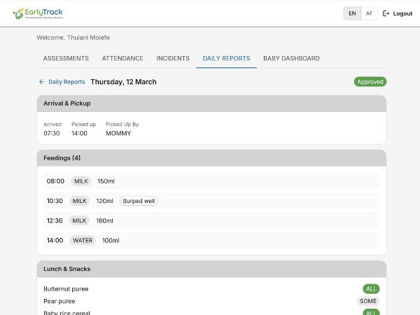 EarlyTrack baby daily report form showing feeding, sleep, nappy, mood, and activity sections for infant classes