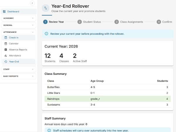EarlyTrack school operations dashboard showing bilingual settings, audit log, RBAC, and data export capabilities