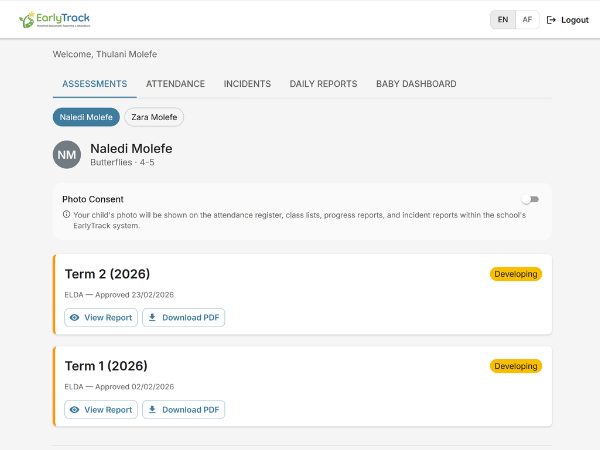 EarlyTrack parent portal showing assessment reports, attendance history, and home learning activities for parents