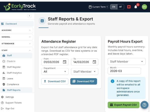 EarlyTrack staff management dashboard showing clock-in kiosk, leave requests, and staff list with status badges
