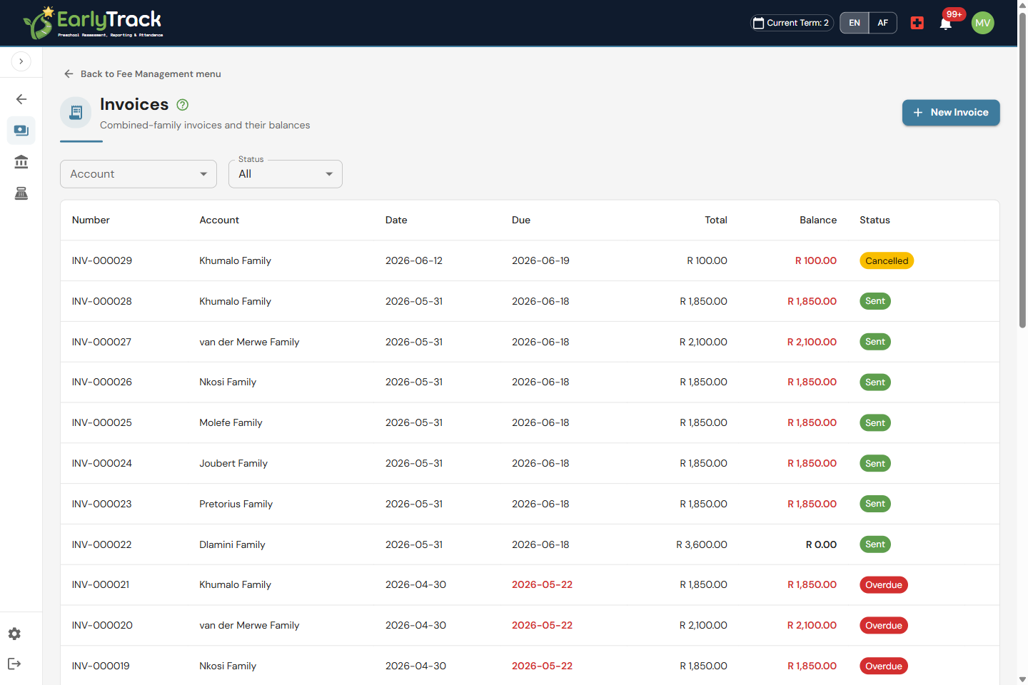 EarlyTrack invoices list with statuses and balances