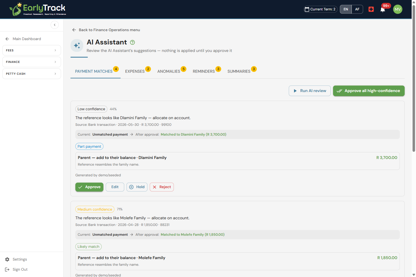EarlyTrack AI Assistant review inbox with confidence badges and Approve/Reject on each suggestion
