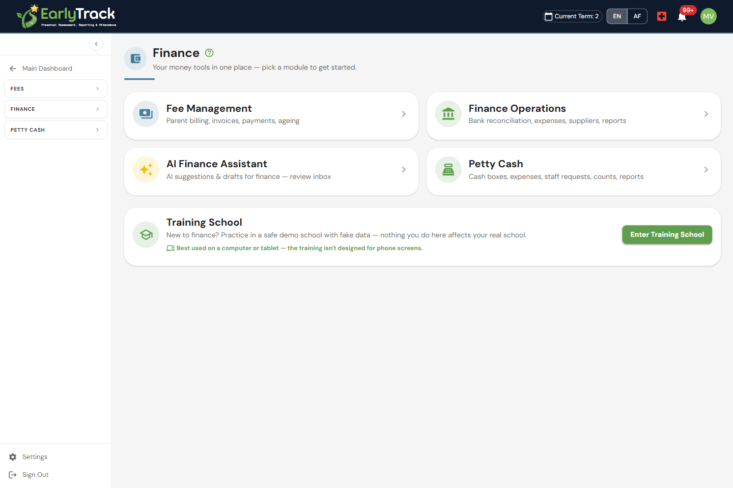 EarlyTrack Finance Hub showing the Fees, Finance Operations, Petty Cash and AI Assistant modules