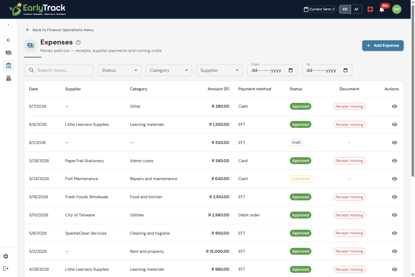 EarlyTrack expenses list with categories, receipts and approvals