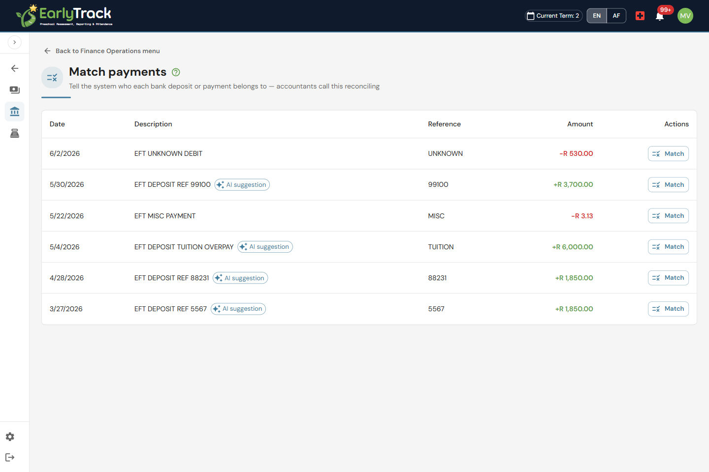 EarlyTrack Match Payments screen with suggested matches to confirm