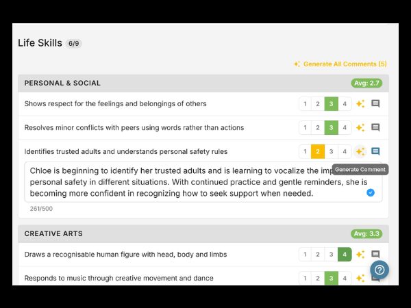 EarlyTrack AI-generated observation comment for Grade R assessment showing generated text with language toggle and Generate Comment button