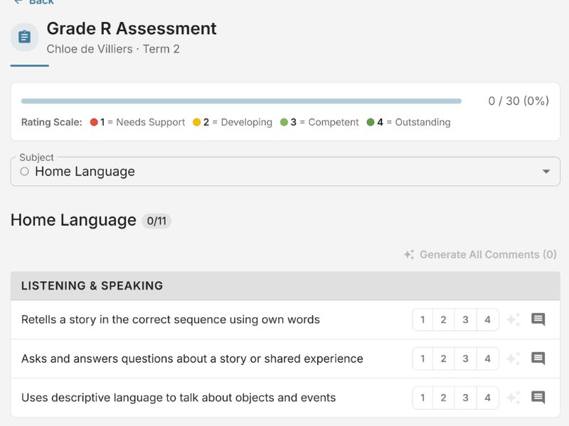 EarlyTrack Grade R assessment interface showing Home Language subject with skill ratings on the four-level numeric scale, progress tracking, and subject navigation tabs