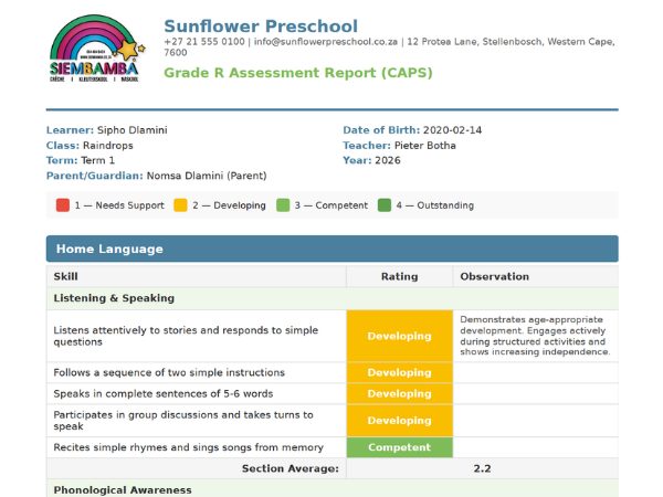 EarlyTrack branded Grade R PDF report showing school header, learner details, subject ratings for Home Language, Mathematics, and Life Skills with observation comments