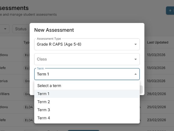 EarlyTrack Grade R term-aware assessment form showing Term 1 with subject-specific subsections for Home Language including Listening, Reading, and Writing