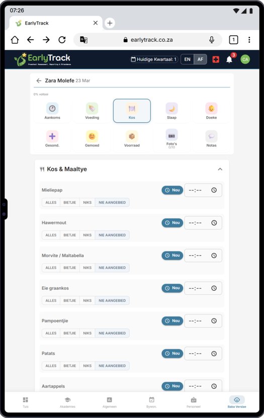 EarlyTrack Baba Daaglikse Verslag — digitale verslag vir voedings, slaap, doeke en bui in Afrikaans