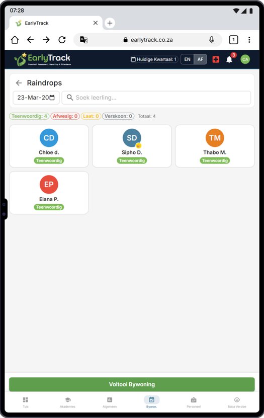 EarlyTrack digitale bywoning register vir Afrikaanse kleuterskool — outomatiese afwesig-merking en ouer-kennisgewing