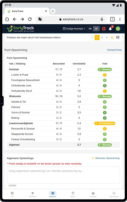 EarlyTrack ELDA assessering koppelvlak in Afrikaans — vaardighede beoordeling per domein vir Suid-Afrikaanse kleuterskool