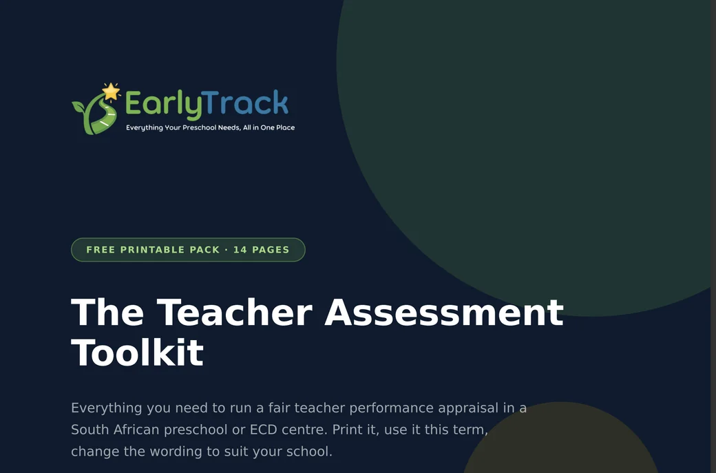 EarlyTrack Teacher Assessment Toolkit, free printable PDF for South African preschool principals, 14 pages
