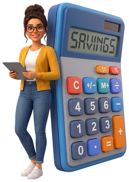 An EarlyTrack teacher leaning on a large savings calculator