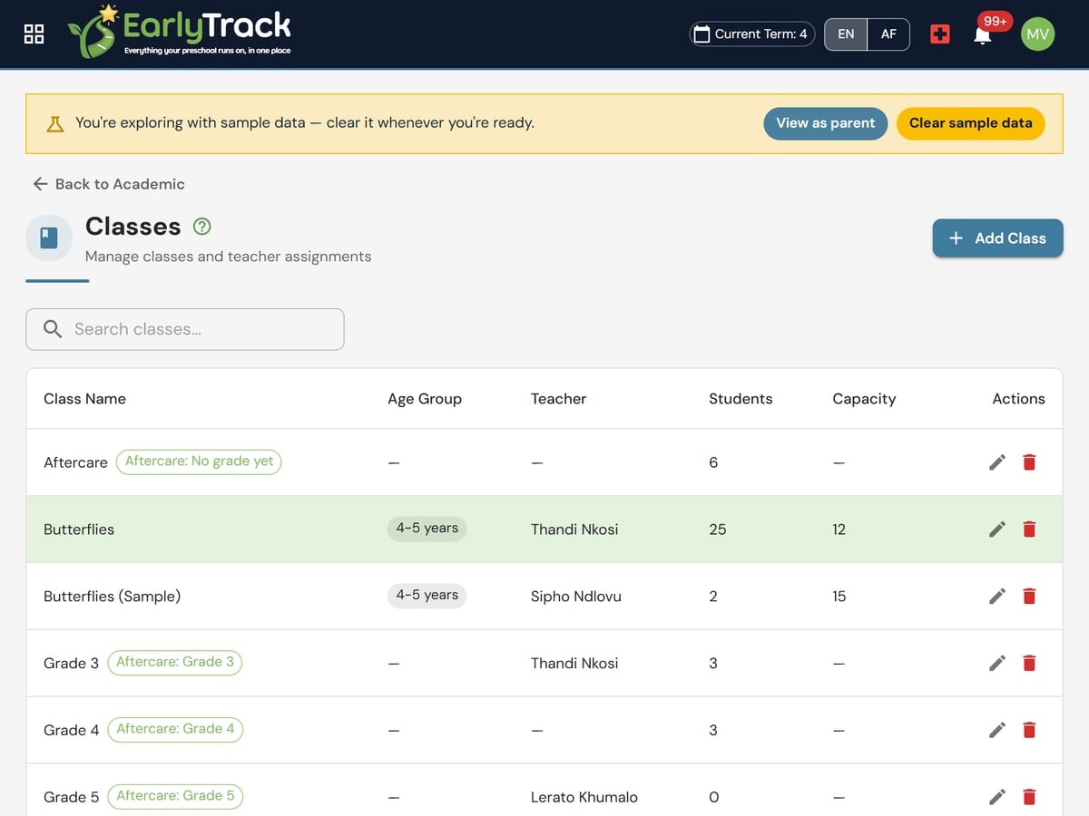 EarlyTrack Classes screen listing aftercare Grade 3, Grade 4 and Grade 5 classes beside the preschool classes