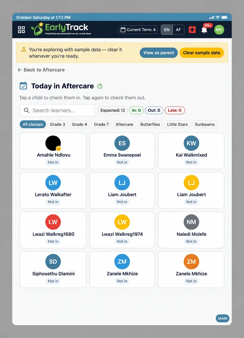 EarlyTrack aftercare check-in screen showing the live afternoon register of children present, in, out and late for a South African after-school care centre
