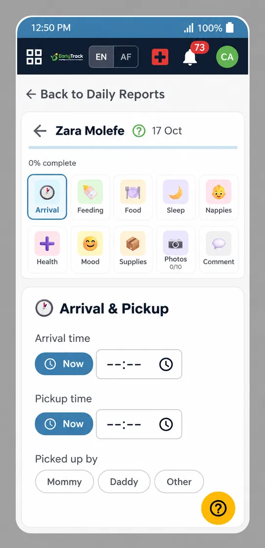 EarlyTrack baby daily report showing feeds, naps, nappies and mood for a nursery school baby class, shared with parents