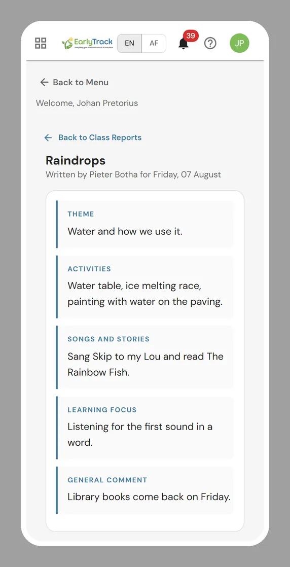 EarlyTrack class report as a parent reads it, showing the theme, activities, songs and stories, learning focus and the early learning and development areas for a preschool class