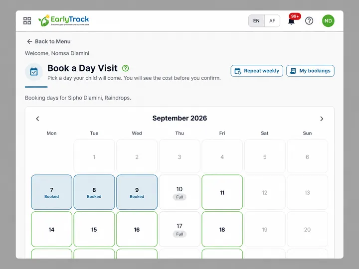 A parent booking a single day at a South African preschool in the EarlyTrack parent portal, with the price for that day shown before confirming