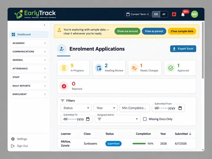 EarlyTrack digital enrolment dashboard showing online application review, document tracking, and approval status for South African preschools