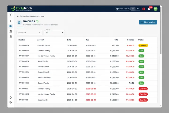 EarlyTrack fee management showing family invoices, payments and outstanding balances for a South African preschool
