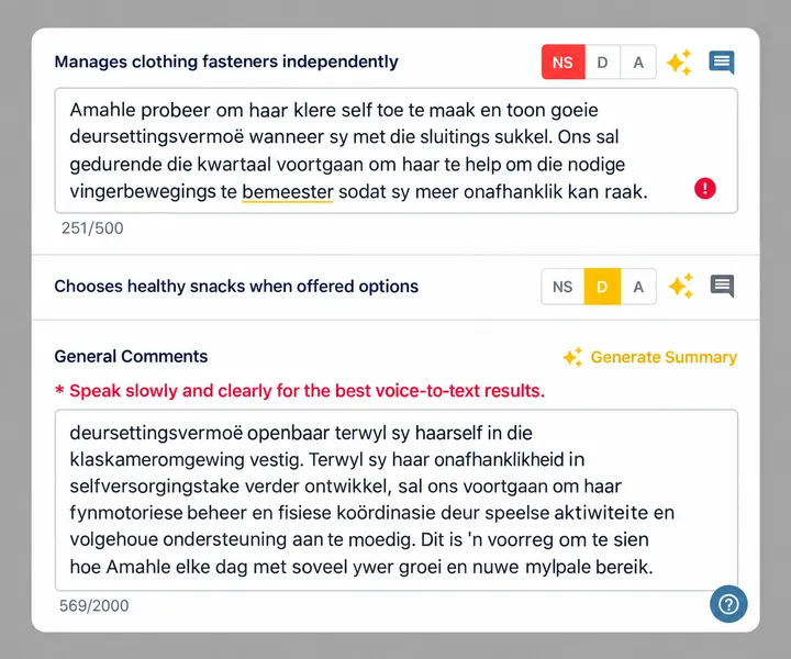 EarlyTrack AI-generated observation comments in Afrikaans with voice-to-text input and bilingual summary generation for nursery school assessments