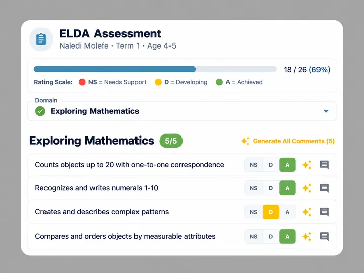EarlyTrack ELDA assessment view showing skill ratings for Well-being domain with NS, D, and A rating buttons and AI comment generation