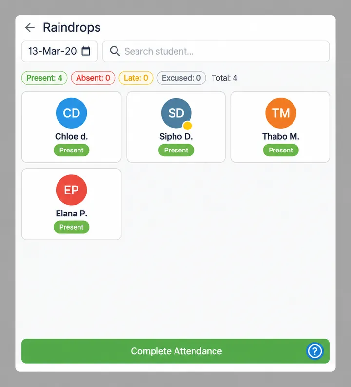 EarlyTrack digital attendance register showing student presence status with colour-coded avatars and daily class overview