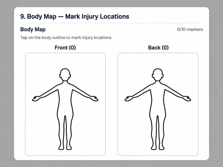 EarlyTrack DSD incident reporting body map interface showing front and back injury location markers for South African preschool compliance