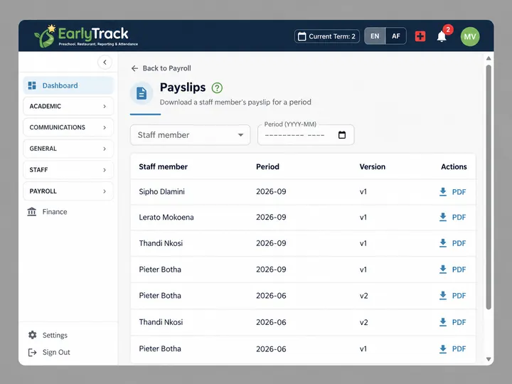 EarlyTrack preschool payroll showing generated payslips with PAYE and UIF and SARS-compliant figures