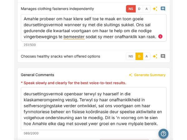 EarlyTrack AI-generated observation comments in Afrikaans with voice-to-text input and bilingual summary generation for nursery school assessments