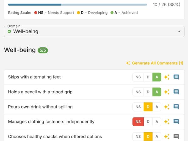 EarlyTrack ELDA assessment view showing skill ratings for Well-being domain with NS, D, and A rating buttons and AI comment generation
