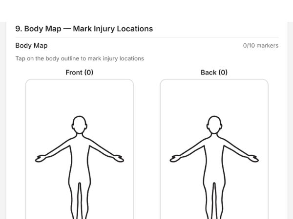 EarlyTrack DSD incident reporting body map interface showing front and back injury location markers for South African preschool compliance