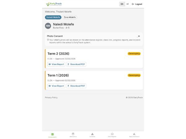EarlyTrack parent portal showing child assessment reports with term progress, PDF download, and bilingual language toggle for South African nursery school parents