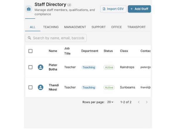 EarlyTrack staff directory showing teacher profiles with department, status, class assignment, and CSV import for South African preschool staff management