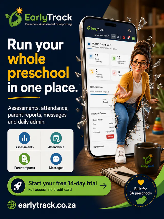 EarlyTrack admin dashboard showing total students, assessment progress, pending approvals, and term overview for South African preschool management