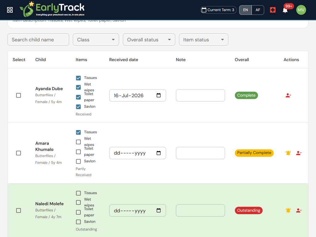 EarlyTrack Items and Payments Tracker checklist showing a tick box per item per child, derived Received and Partly Received statuses and per-child progress
