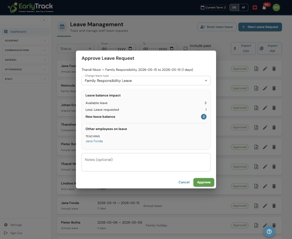 EarlyTrack contextual leave approval showing balance, requested days, and colleagues already on leave