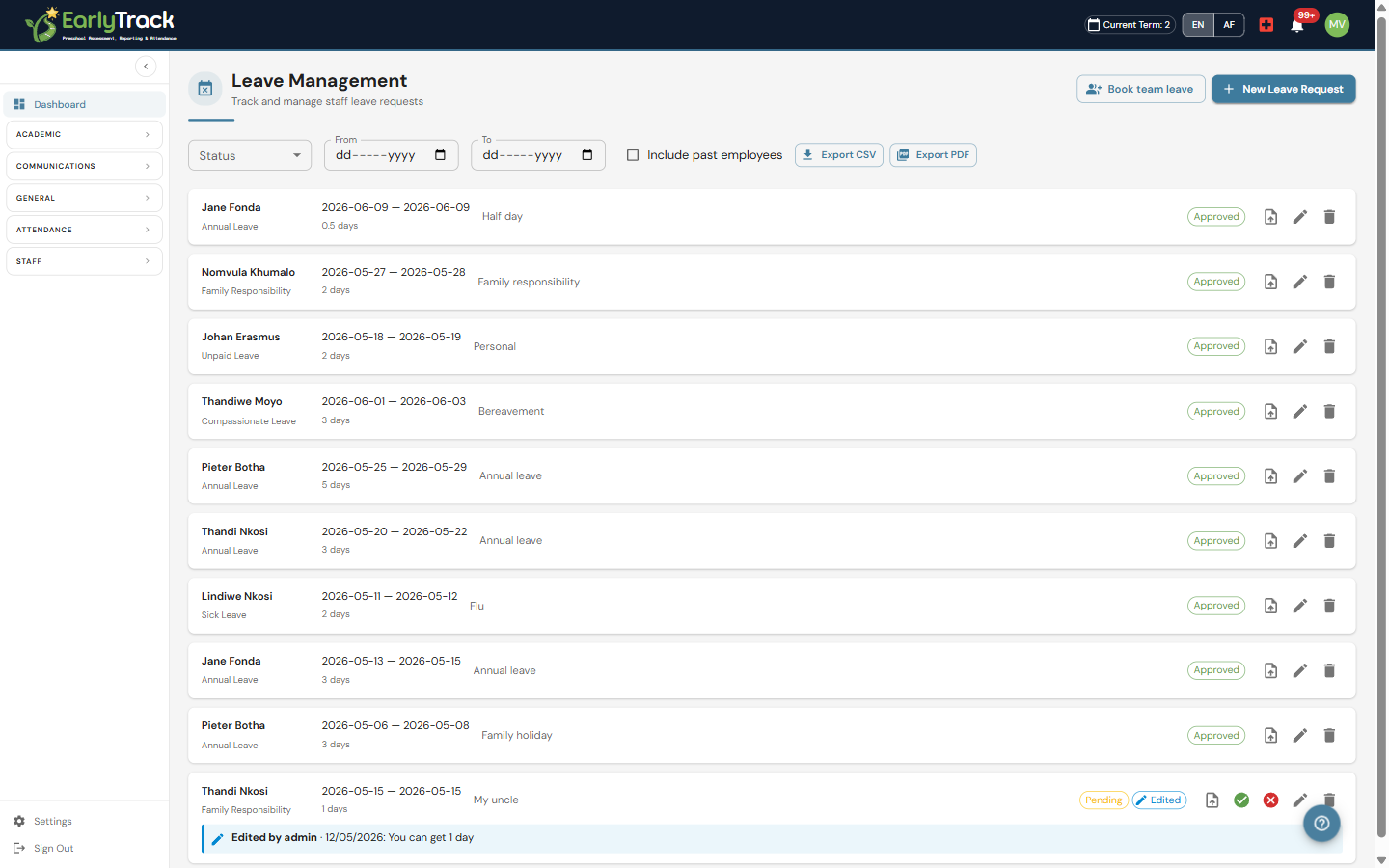 EarlyTrack weekly approver reminders and team who's away leave digest