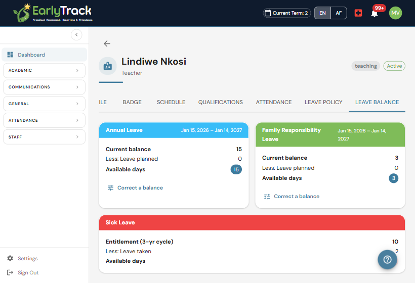 EarlyTrack auditable leave balance ledger showing entitlement, accruals, carry-over, and corrections