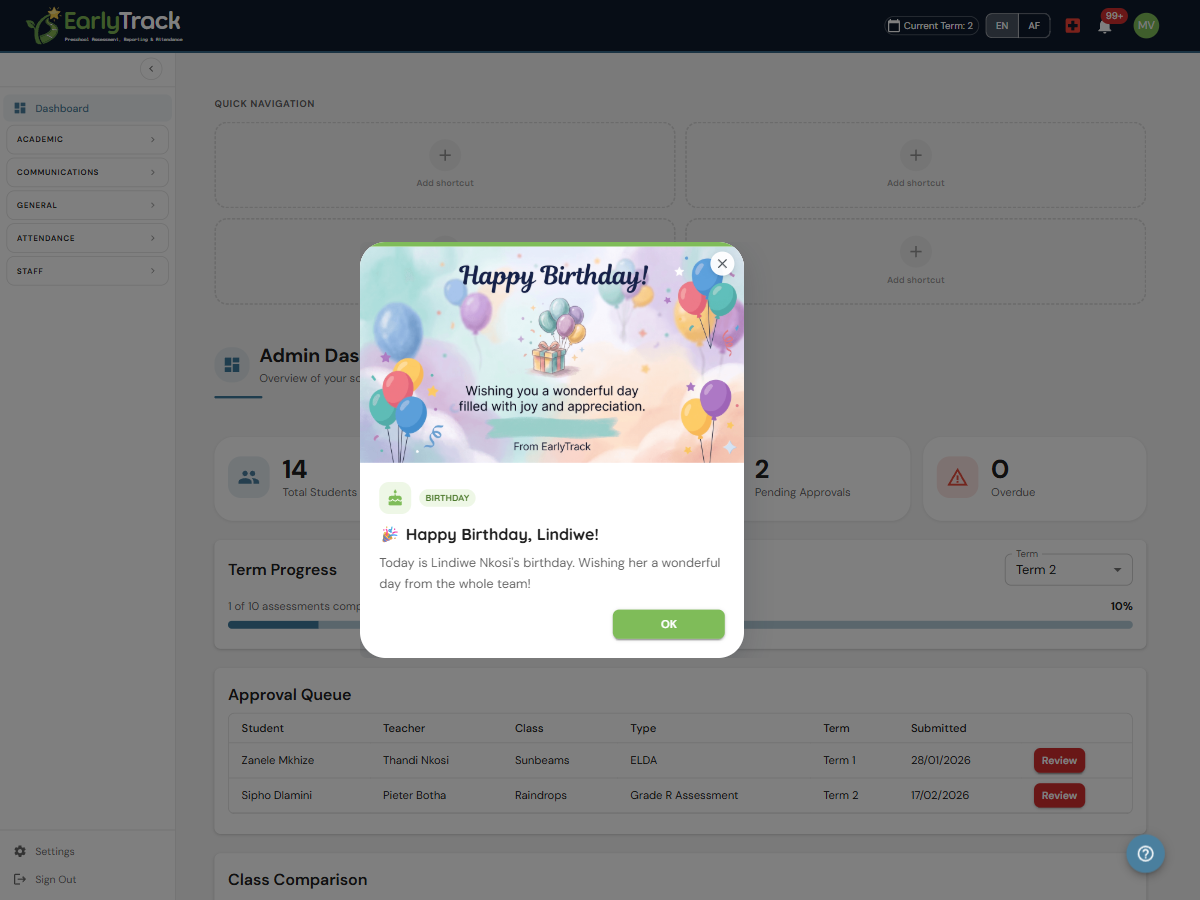 EarlyTrack staff birthday popup showing a celebratory message and the school's own birthday image