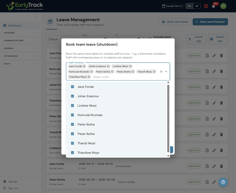 EarlyTrack book team leave dialog selecting the whole team for a December shutdown in one step
