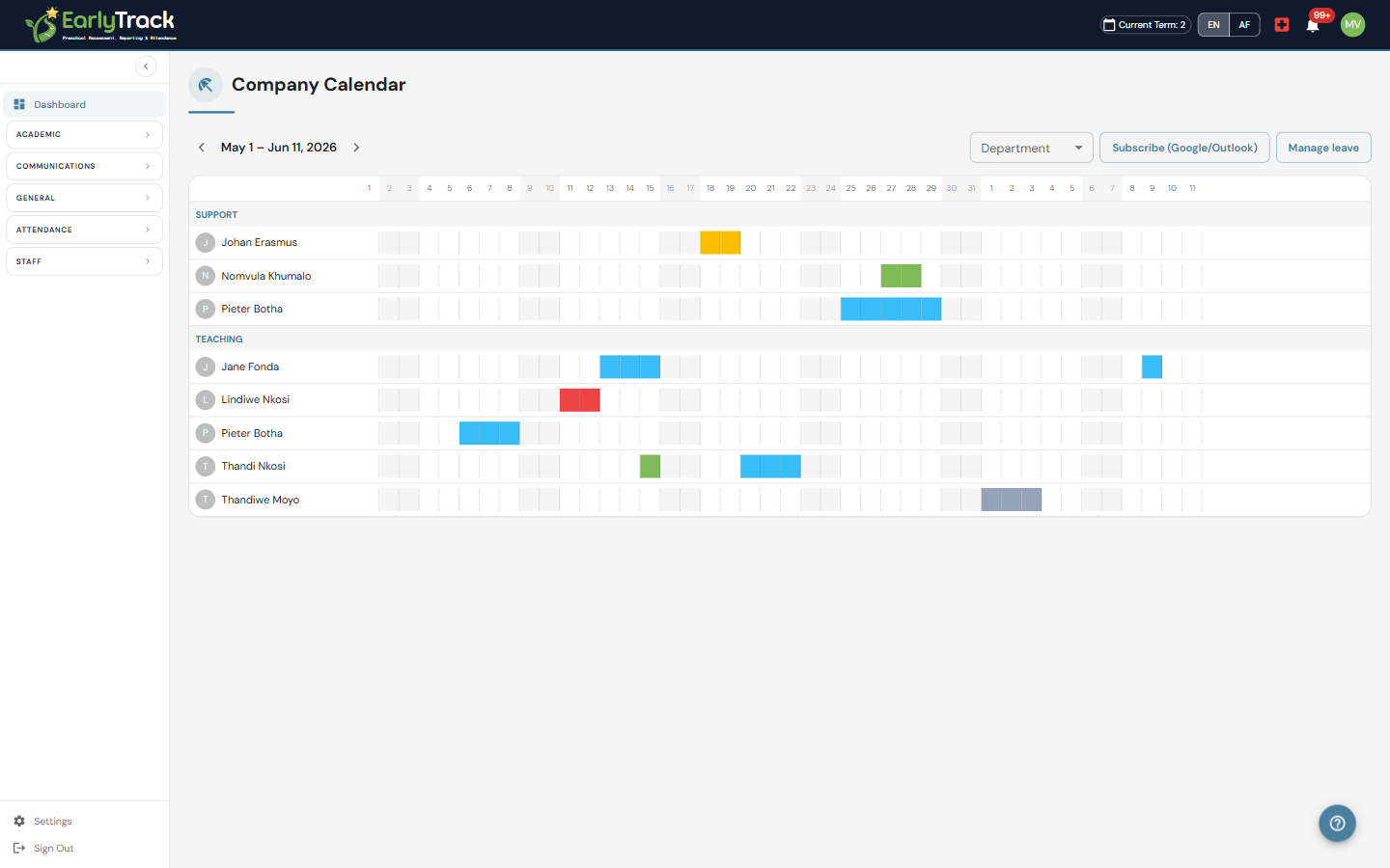 EarlyTrack company leave calendar showing colour-coded leave grouped by department for a South African ECD centre