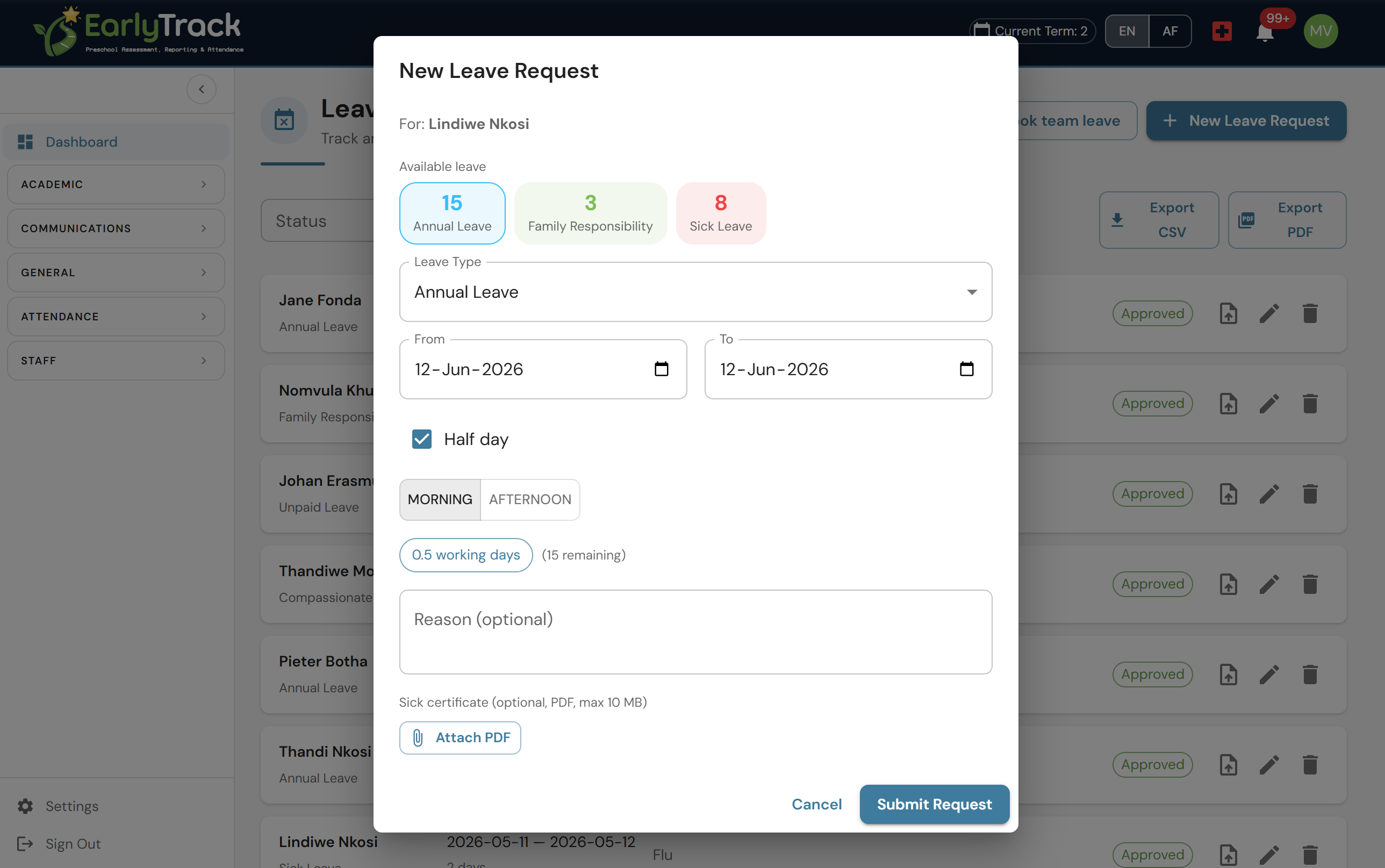 EarlyTrack half-day leave application for a morning or afternoon