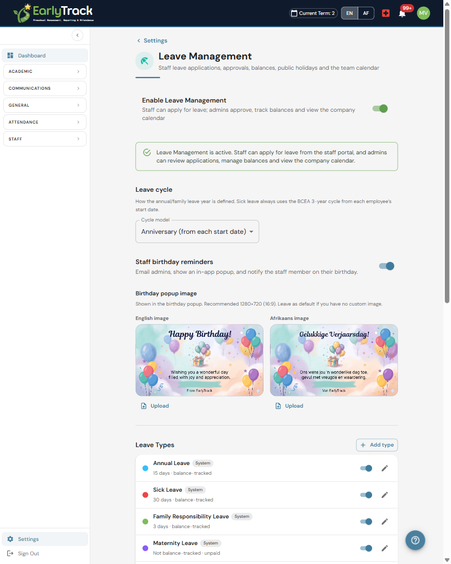 EarlyTrack custom leave types and per-employee leave policies with BCEA defaults