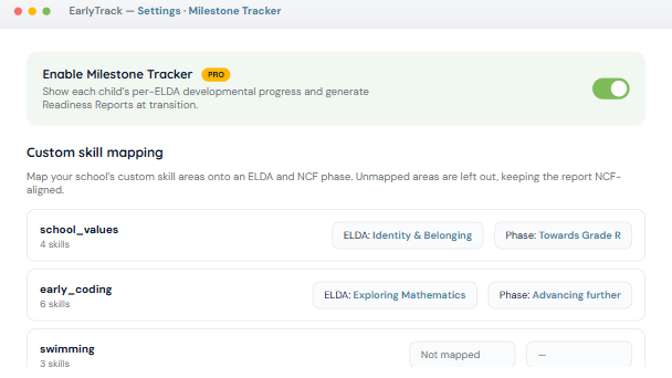 EarlyTrack Milestone Tracker settings showing the Professional module toggle and custom skill mapping onto ELDAs and NCF phases