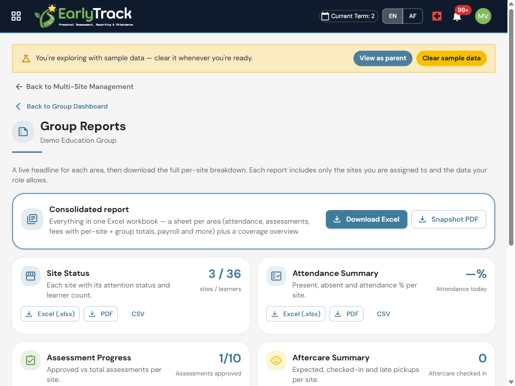 EarlyTrack Groups reports hub with consolidated Group Snapshot PDF, Excel and CSV exports across several preschools